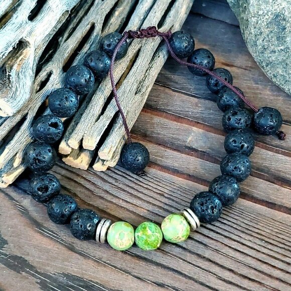 Chakra Healing Gemstone Bracelet Green Aqua Terra Jasper Black Lava - Picture 3 of 7
